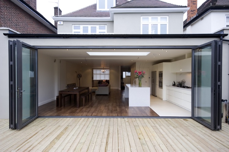 An outside view of an kitchen extension.